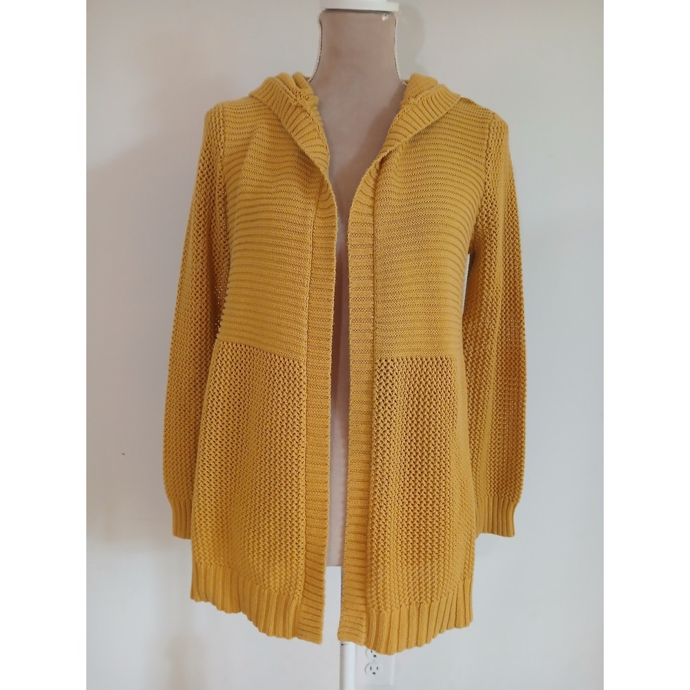 Marled Reunited Clothing Mustard Yellow Hooded Open Front Knit Cardigan Small